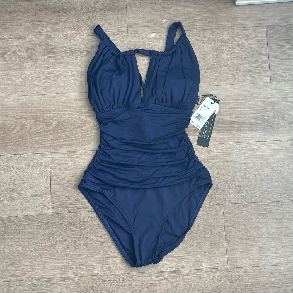 La Blanca Blue One Piece Swimsuit with V-Neck and Ruching